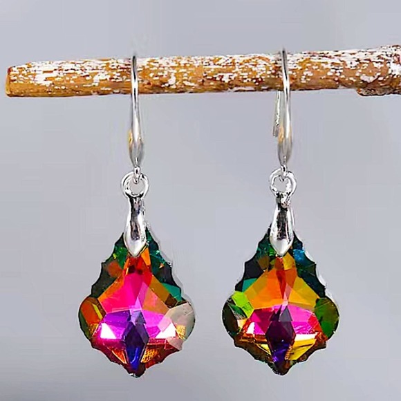 Austrian Crystal Silver Drop Dangle Colorful Baroque Leaf Earrings - Picture 1 of 4